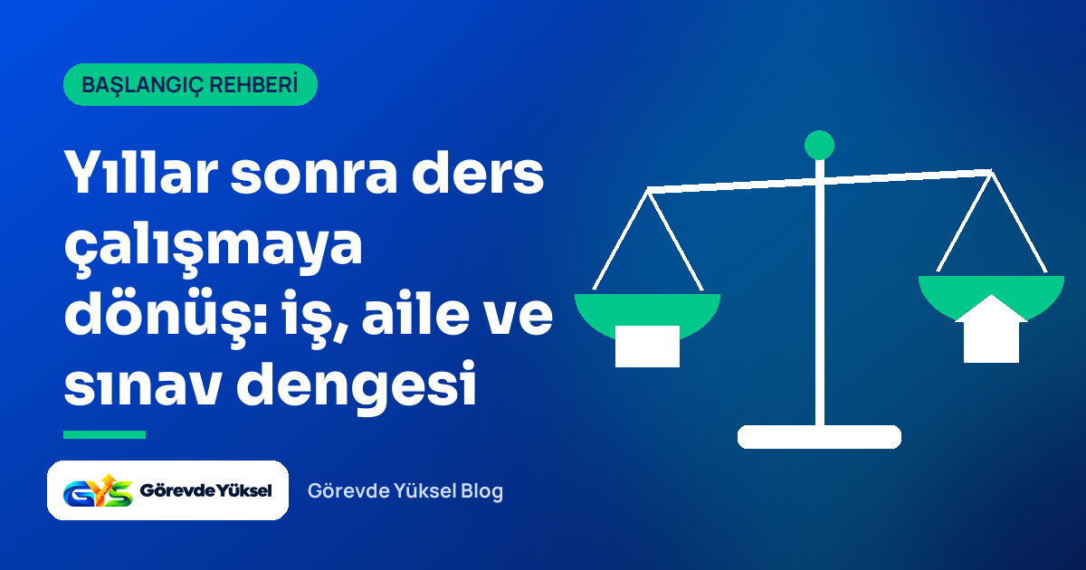 Bir kefesinde kitap, diğerinde ev bulunan terazi ve "Yıllar sonra ders çalışmaya dönüş" başlığı