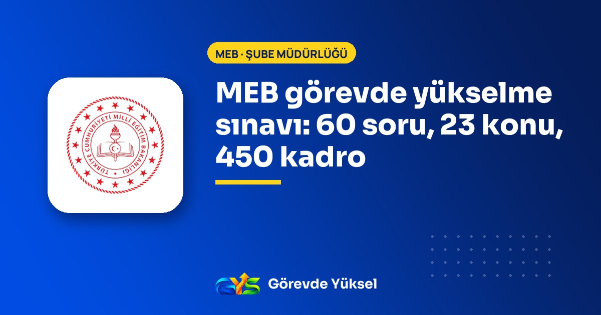Millî Eğitim Bakanlığı logosu ve 'MEB görevde yükselme sınavı: 60 soru, 23 konu, 450 kadro' başlıklı kapak görseli