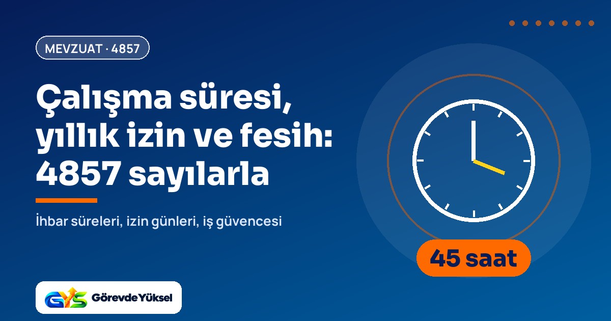 4857 sayılı İş Kanunu çalışma süresi, yıllık izin ve fesih kapak görseli: saat ikonu ve 45 saat rozeti