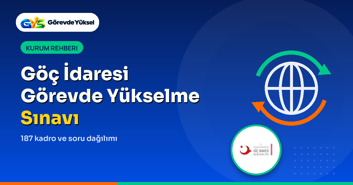 Göç İdaresi Başkanlığı görevde yükselme sınavı kapak görseli: küre ve dönen oklar ikonu ile kurum logosu
