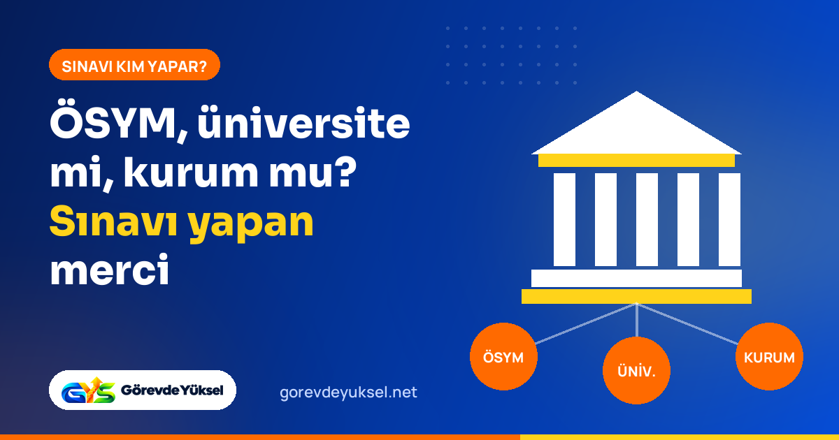 Kurum binası ve ÖSYM, üniversite, kurum düğümleriyle görevde yükselme sınavını yapan merciler illüstrasyonu