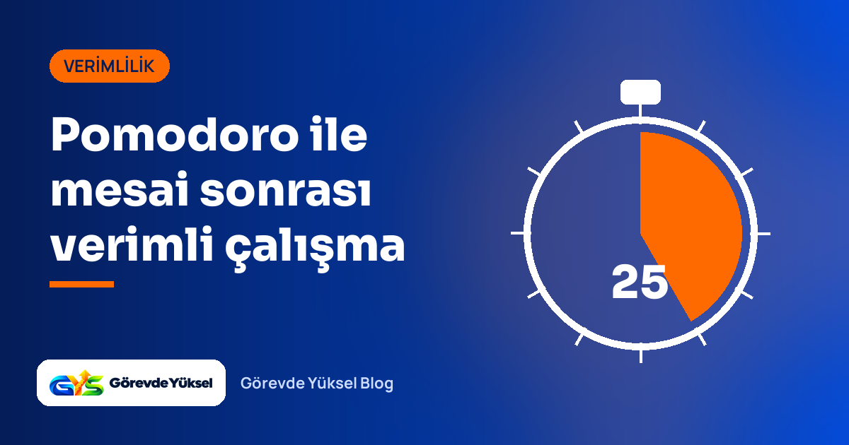 25 dakikayı gösteren zamanlayıcı ve "Pomodoro ile mesai sonrası verimli çalışma" başlığı