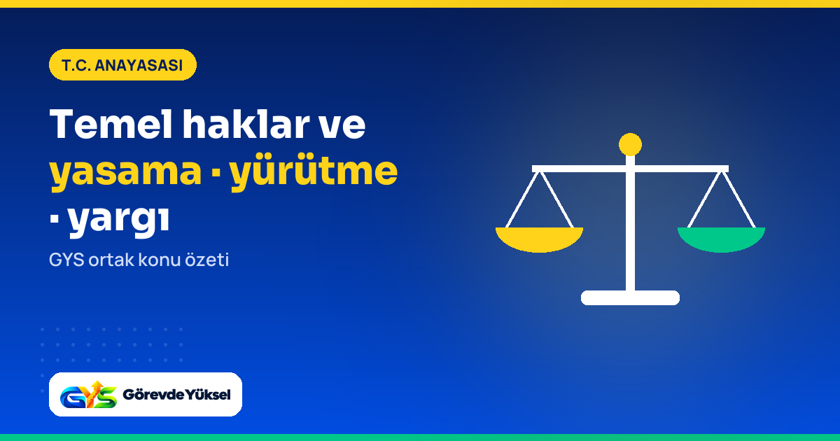 T.C. Anayasası temel haklar, yasama, yürütme ve yargı GYS özeti kapak görseli, adalet terazisi