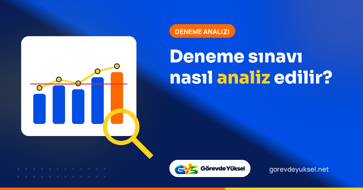Yükselen sütun grafiği ve büyüteç illüstrasyonuyla deneme sınavı analizi kapağı